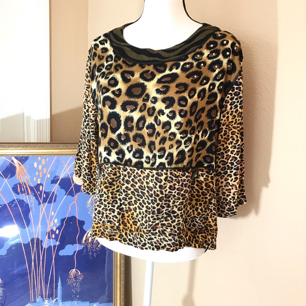 Animal Print Jeweled Patchwork Blouse Euc Unique - image 6